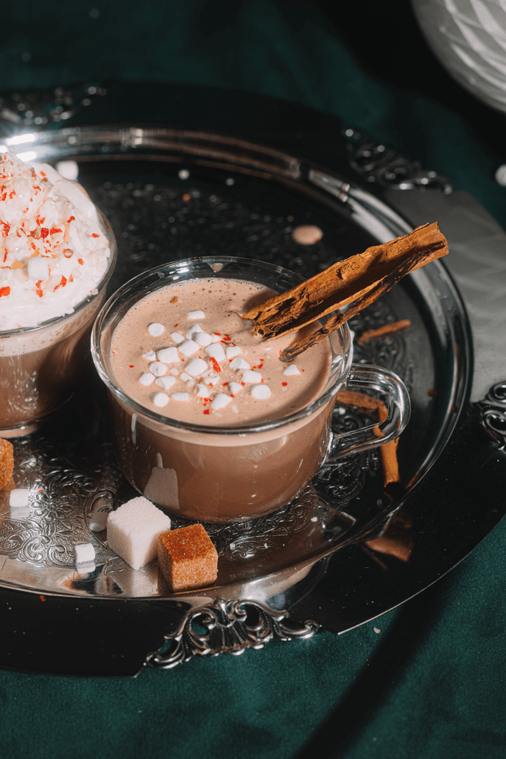 Cozy hot cocoa with a marshmallow shimmer rim from a mixer kit