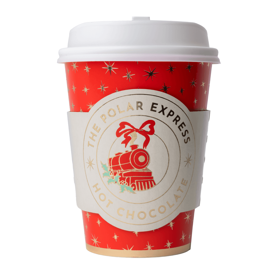 Single Polar Express hot chocolate cup with a lid and gold train sleeve for a Christmas party