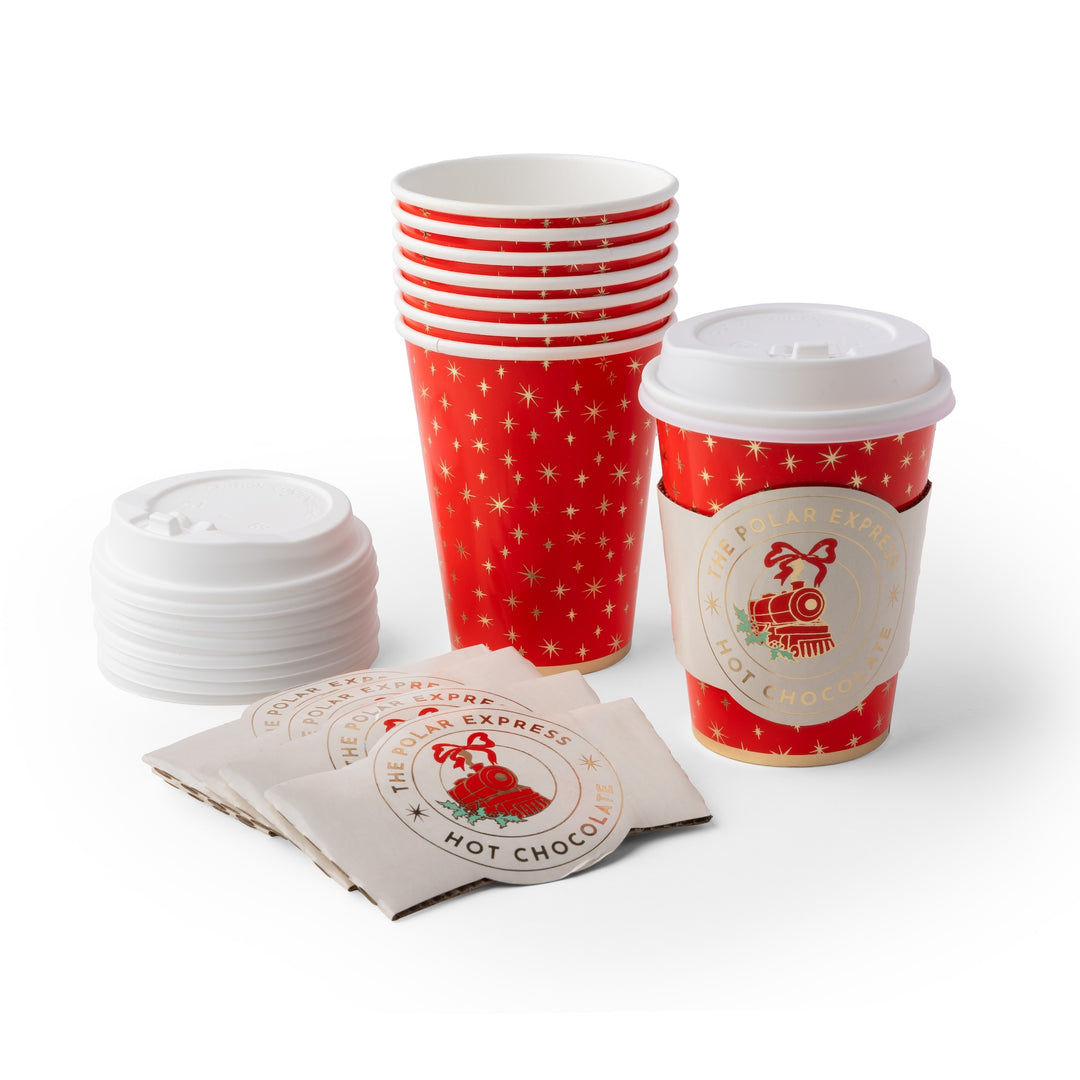 The Polar Express hot chocolate paper cups with gold star print, sleeves, and lids for a Christmas party