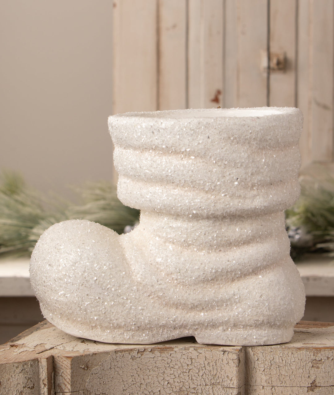 Winter White Santa boot, a neutral alternative to red Christmas decor
