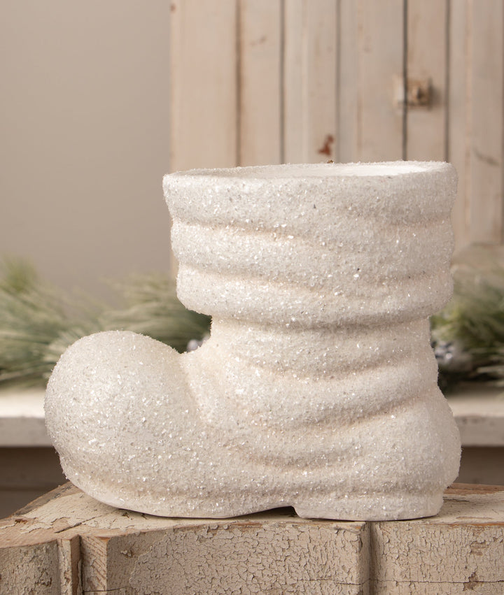Winter White Santa boot, a neutral alternative to red Christmas decor