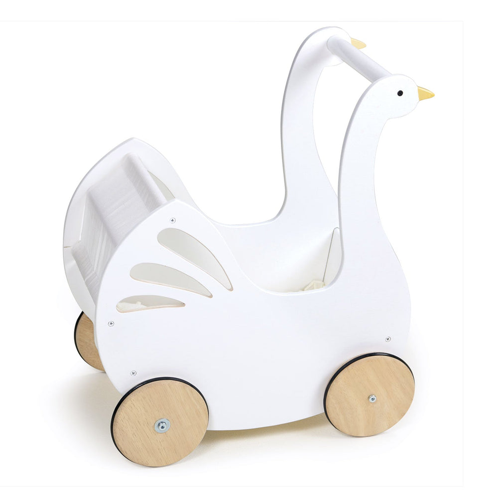 Front angle of the swan doll stroller showing the long white neck, wing cutouts, and open seat