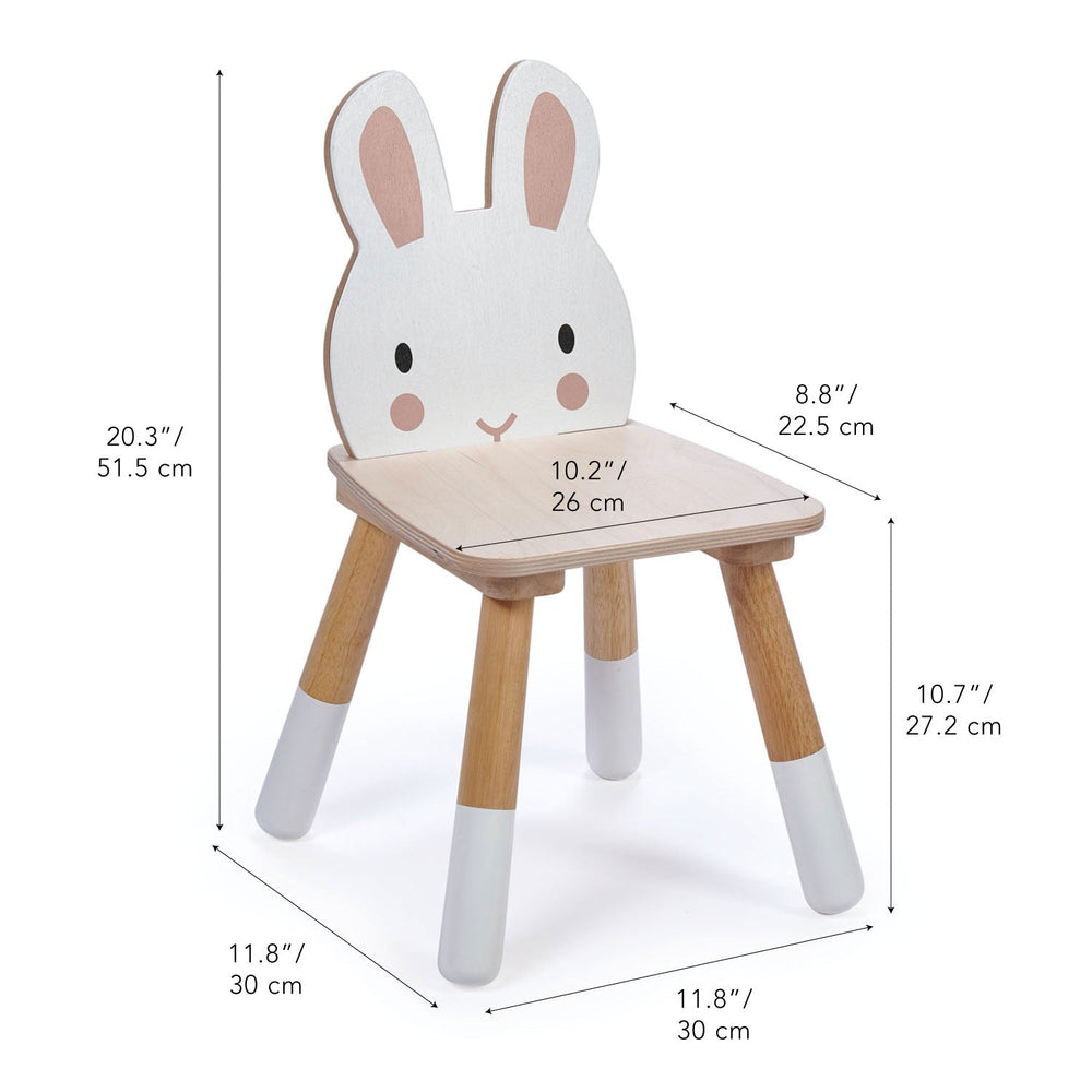 Dimension diagram of the bunny kids chair showing overall height, seat height, and leg spread