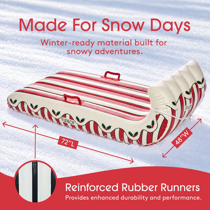 Holly inflatable toboggan sled on snow with a reinforced rubber runners callout