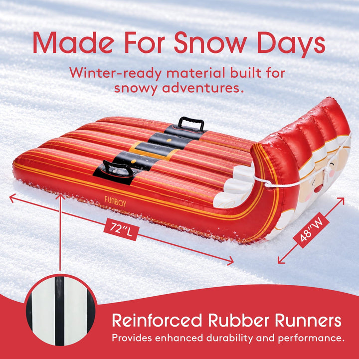 Santa inflatable toboggan sled on snow with reinforced rubber runners callout