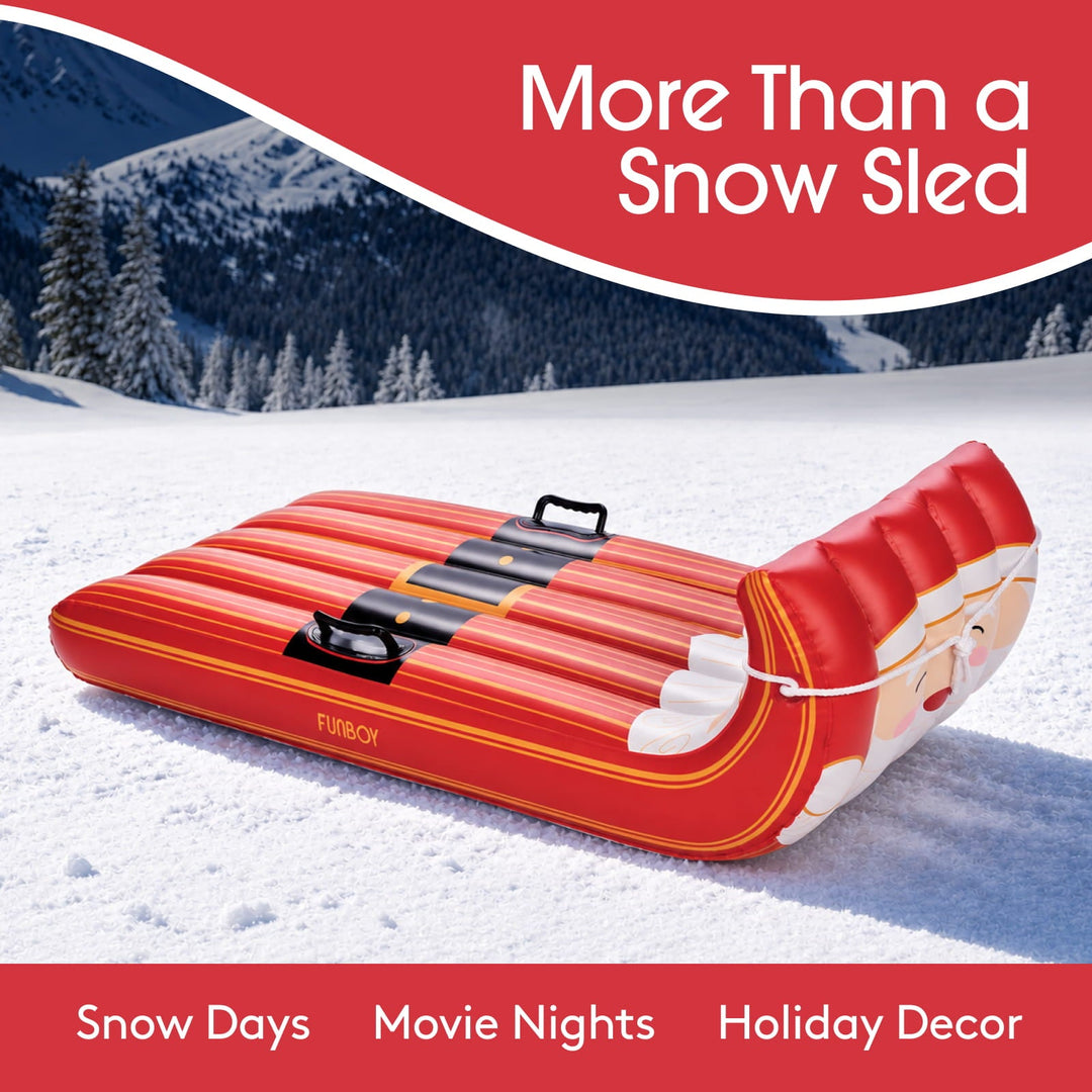 Santa inflatable sled on snow with labels for snow days, movie nights, and holiday decor