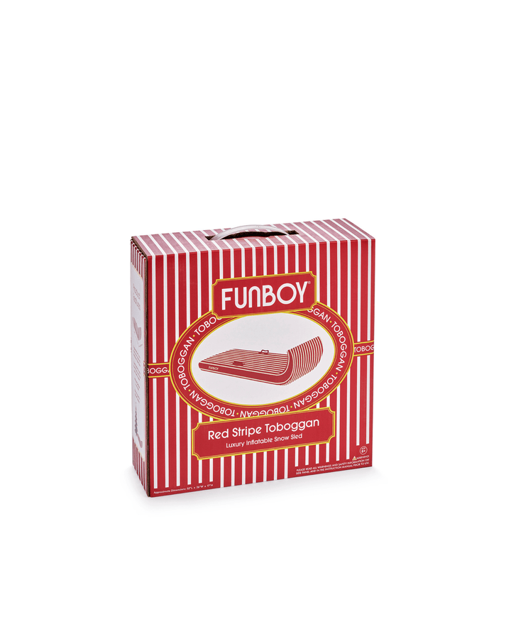 Red and white striped inflatable toboggan sled in its retail box