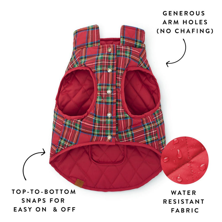 Tartan dog jacket graphic showing generous armholes, top-to-bottom snaps, and water-resistant fabric.
