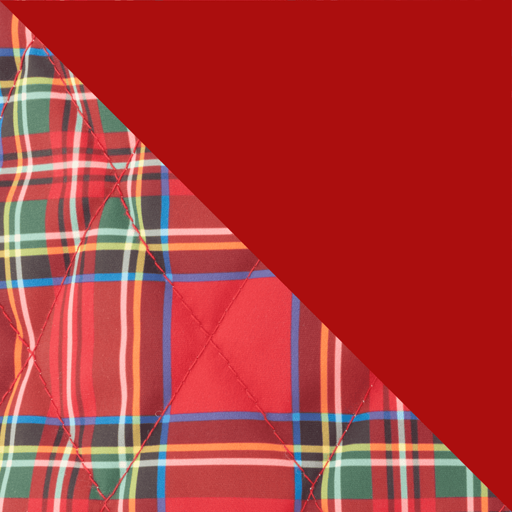 Fabric swatch showing red tartan diamond quilting beside the jacket's plain red reverse.
