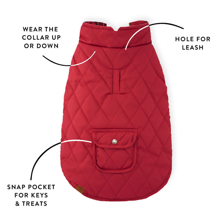 Red reverse of a tartan dog jacket with callouts for the collar, leash opening, and snap pocket.