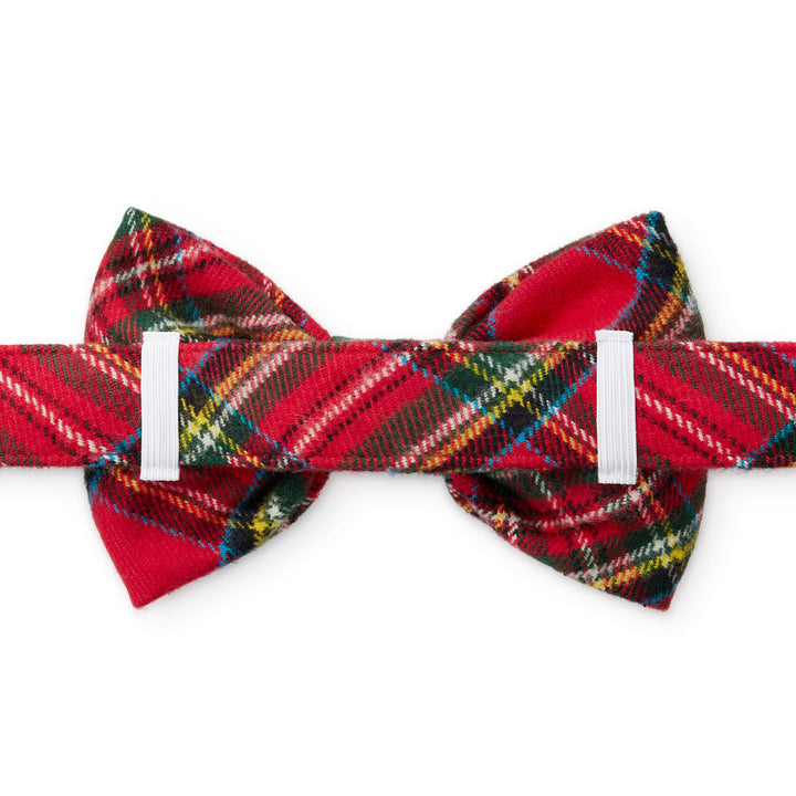 Back of the tartan bow tie showing two white elastic loops on a matching plaid collar