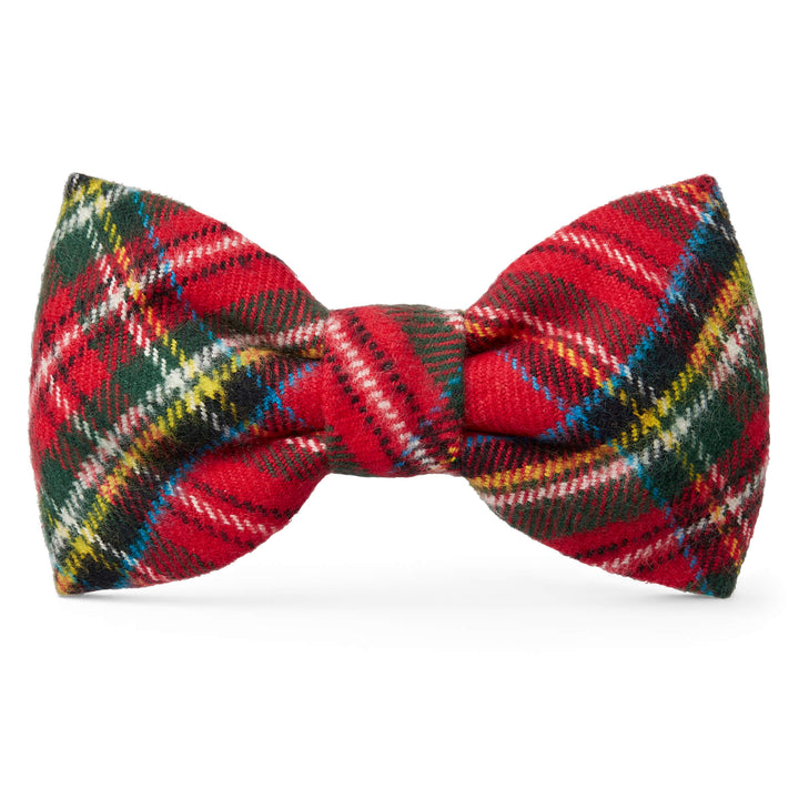 Red and green tartan plaid flannel dog bow tie, front view on white