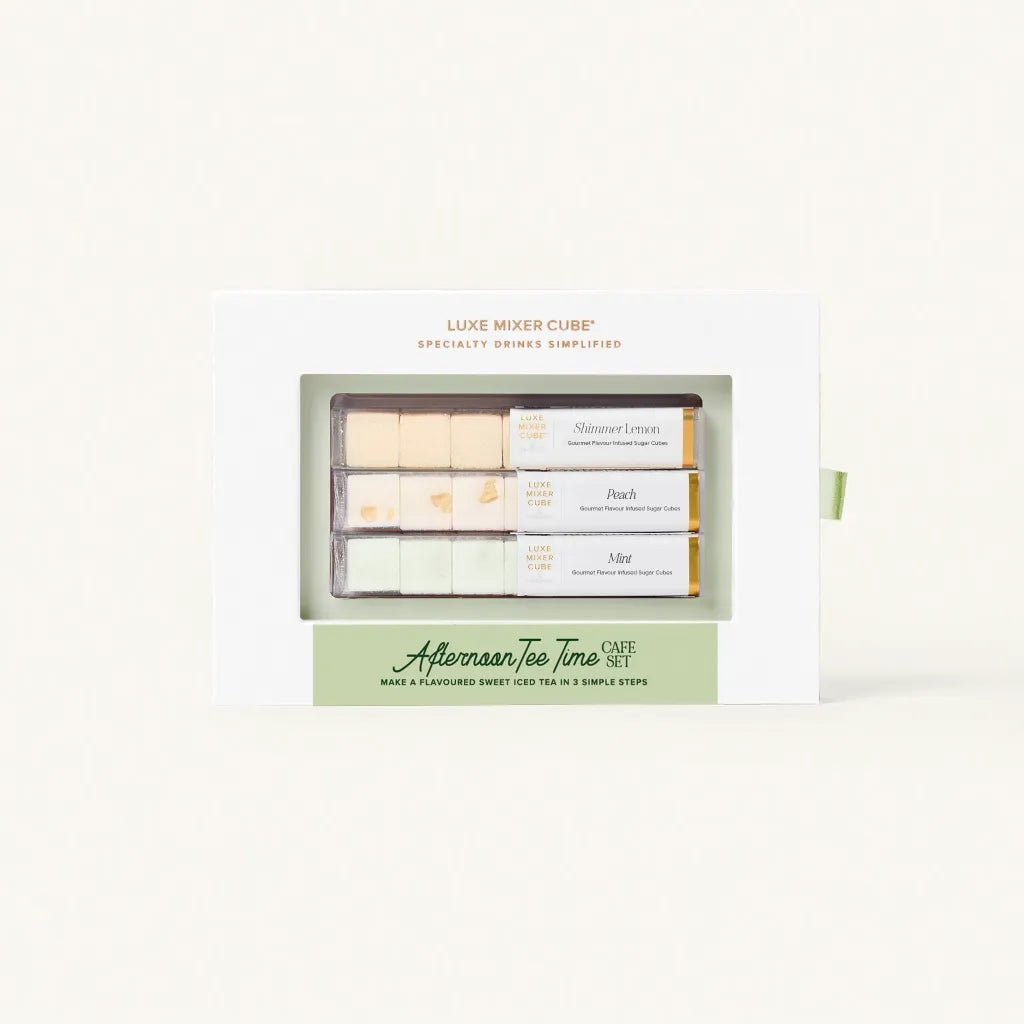 Iced tea mixer cubes gift box in lemon, peach, and mint flavors for tea mocktails