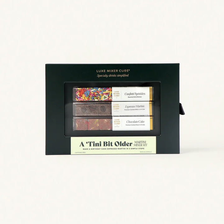 Birthday espresso martini mixer kit gift box with espresso, chocolate cake, and confetti cubes