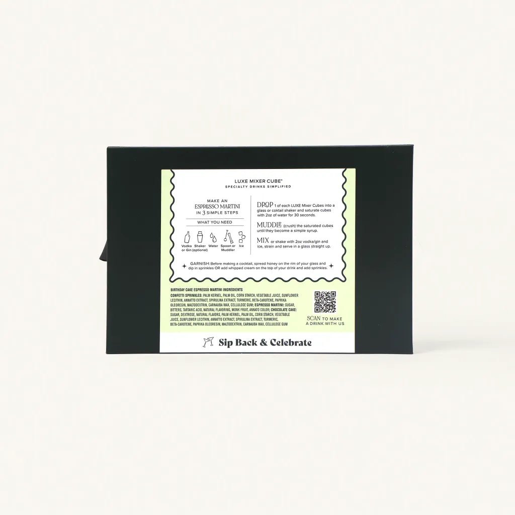 Back of the birthday espresso martini kit box showing the three cube flavors