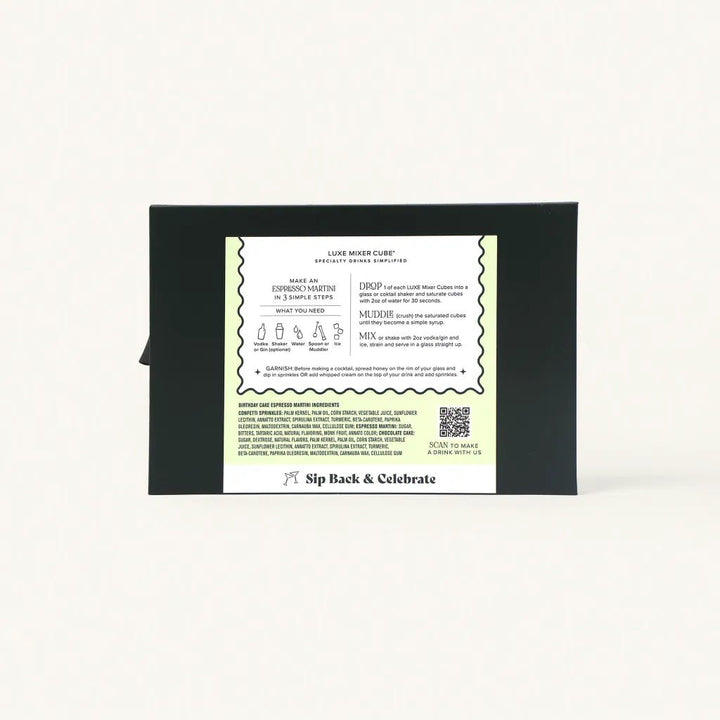 Back of the birthday espresso martini kit box showing the three cube flavors