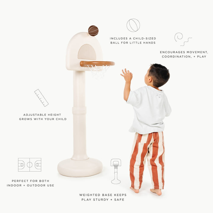 Infographic of the ivory hoop noting adjustable height, weighted base, and indoor or outdoor use
