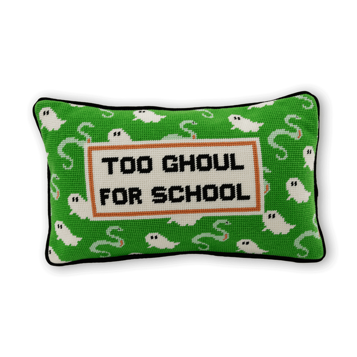 Too Ghoul for School needlepoint pillow with white ghosts on green for a Halloween or back to school gift
