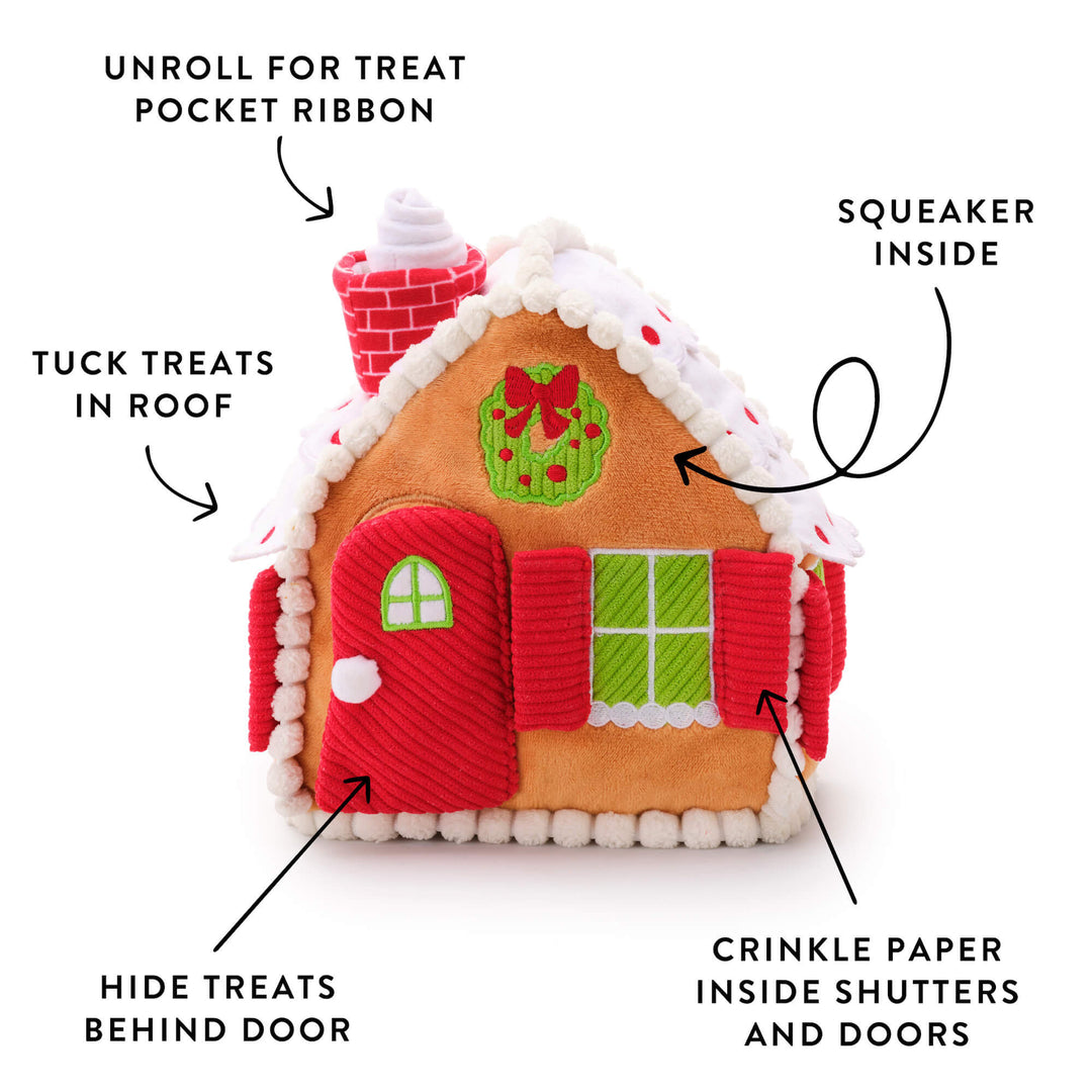 Gingerbread house toy labeled for treat ribbon, roof and door pockets, squeaker, and crinkle