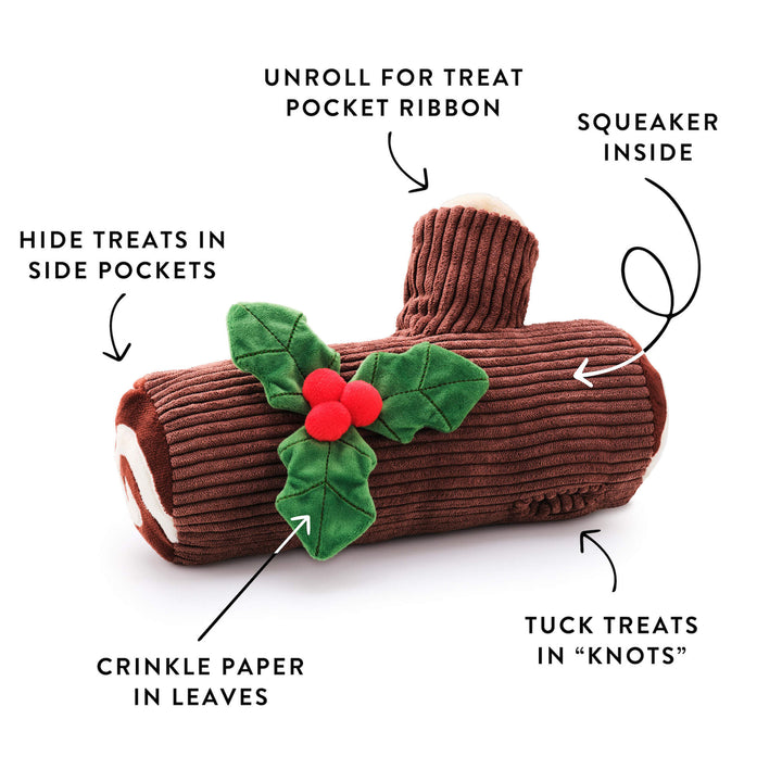 Yule log toy labeled for treat ribbon, side pockets, bark knots, squeaker, and crinkle leaves