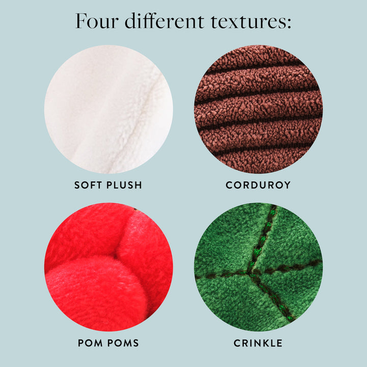 Texture close-ups of the yule log: soft plush, corduroy, pom-pom berries, and crinkle holly