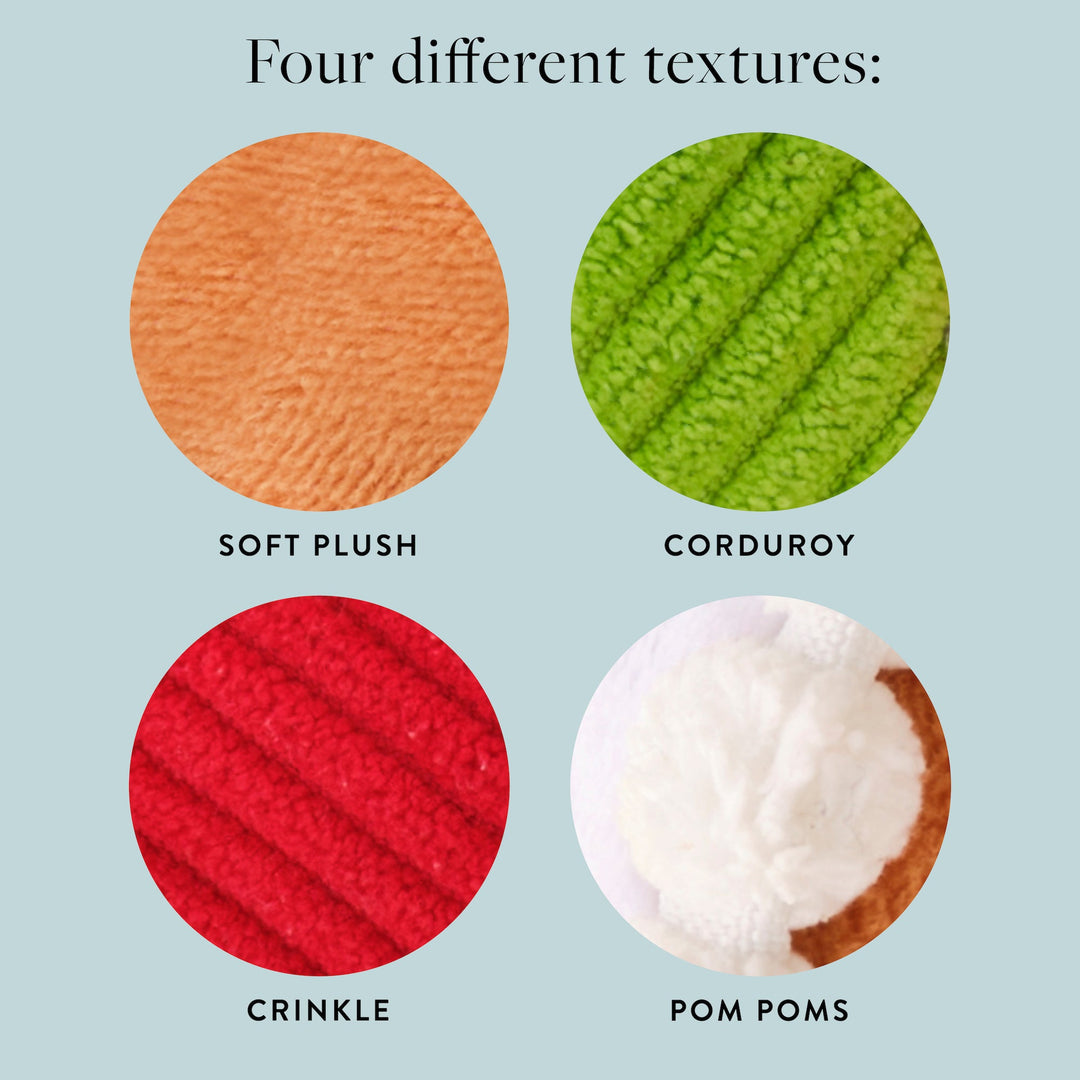 Gingerbread house textures: tan plush, green corduroy, red crinkle, and white pom-poms