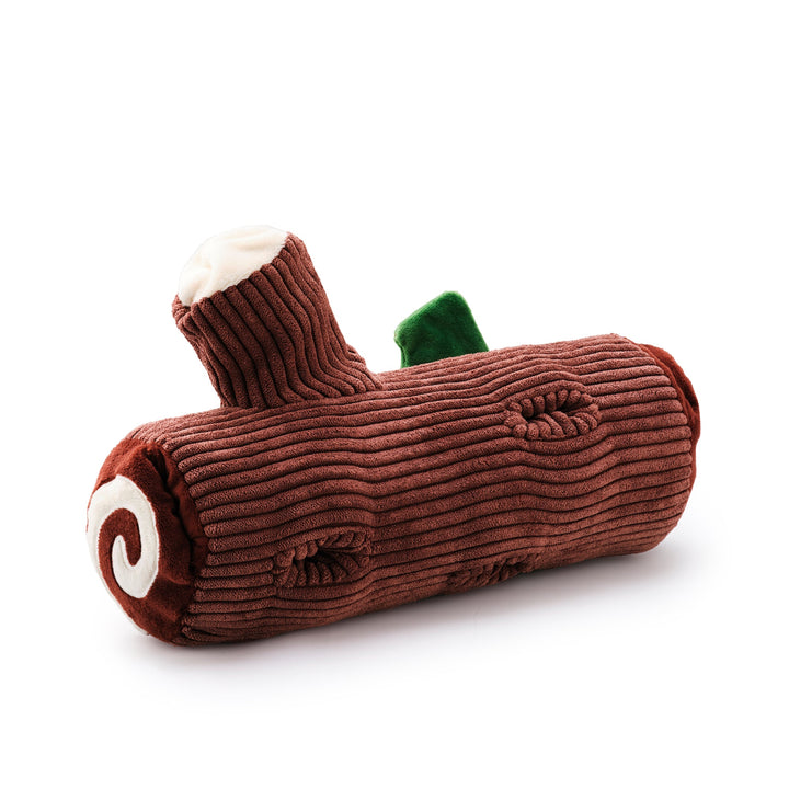 Back of the yule log dog toy showing the knot holes for tucking treats