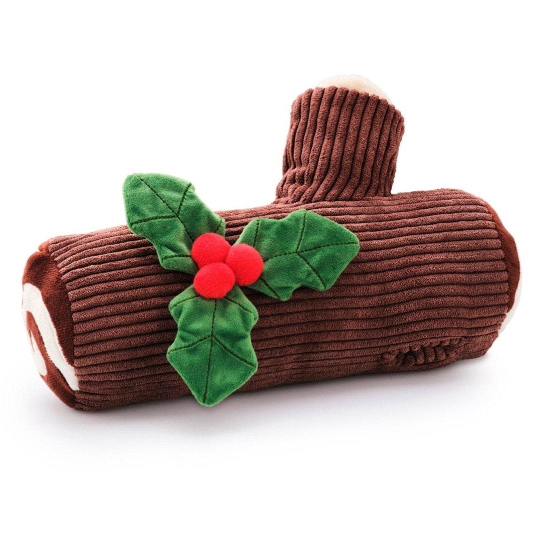 Second front view of the corduroy yule log snuffle dog toy on white
