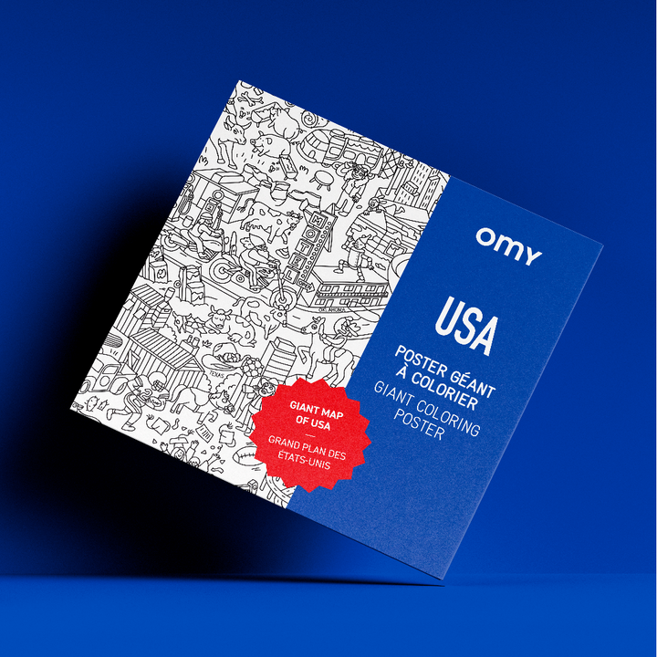 Packaged USA giant coloring poster with line-art cover, on a blue background