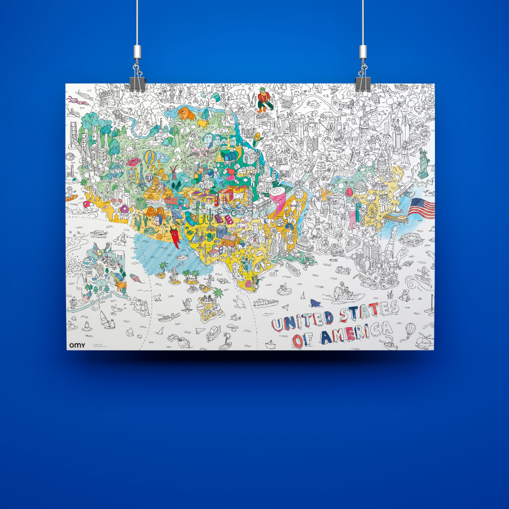 USA giant coloring poster hung on a wall, colored map with landmarks, cities, rivers, and landscapes