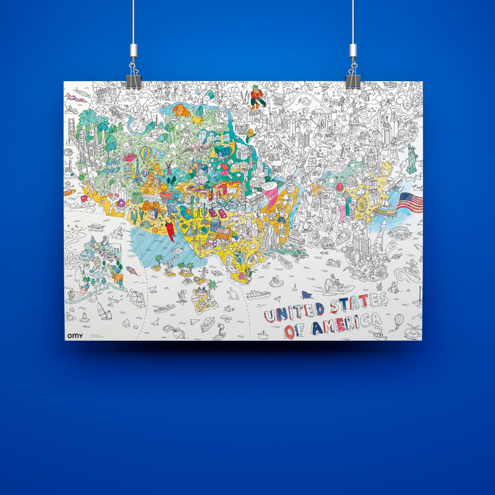 USA giant coloring poster hung on a wall, colored map with landmarks, cities, rivers, and landscapes