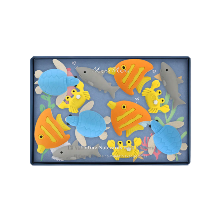 UNDER THE SEA KIDS VALENTINE'S CARDS & ERASER SET Meri Meri Valentines Party Favors UNDER THE SEA KIDS VALENTINE'S CARDS & ERASER SET Bonjour Fete - Party Supplies
