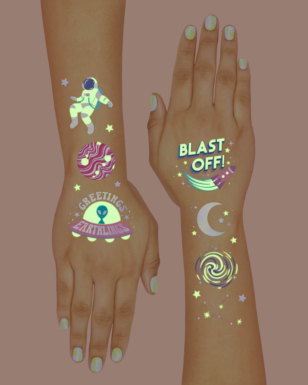 Space Girl Glow in the Dark Temporary Tattoos