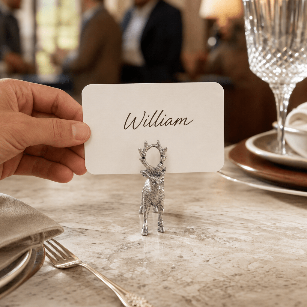 Hand placing a card reading William in the antlers of a pewter deer place card holder
