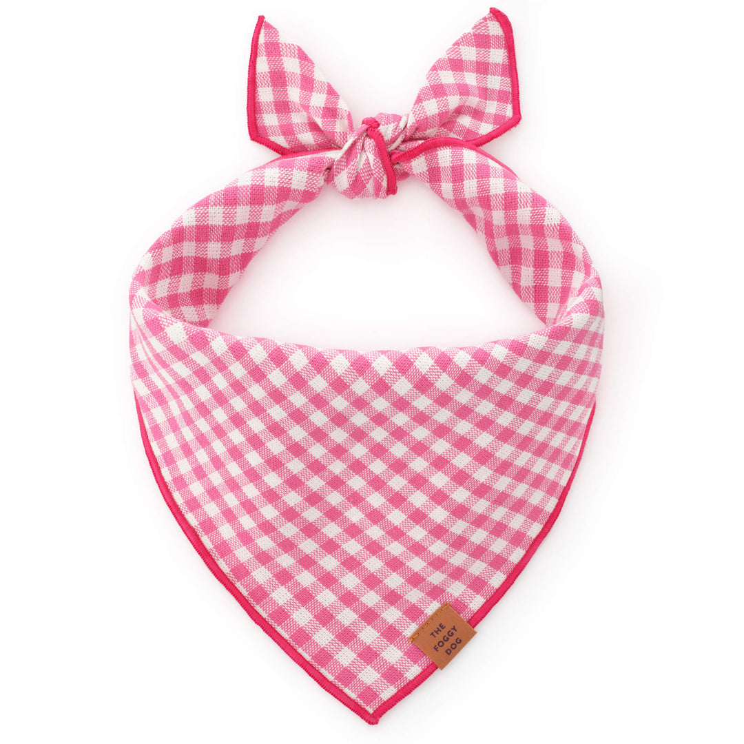 Hot pink gingham dog bandana with a merrow hem