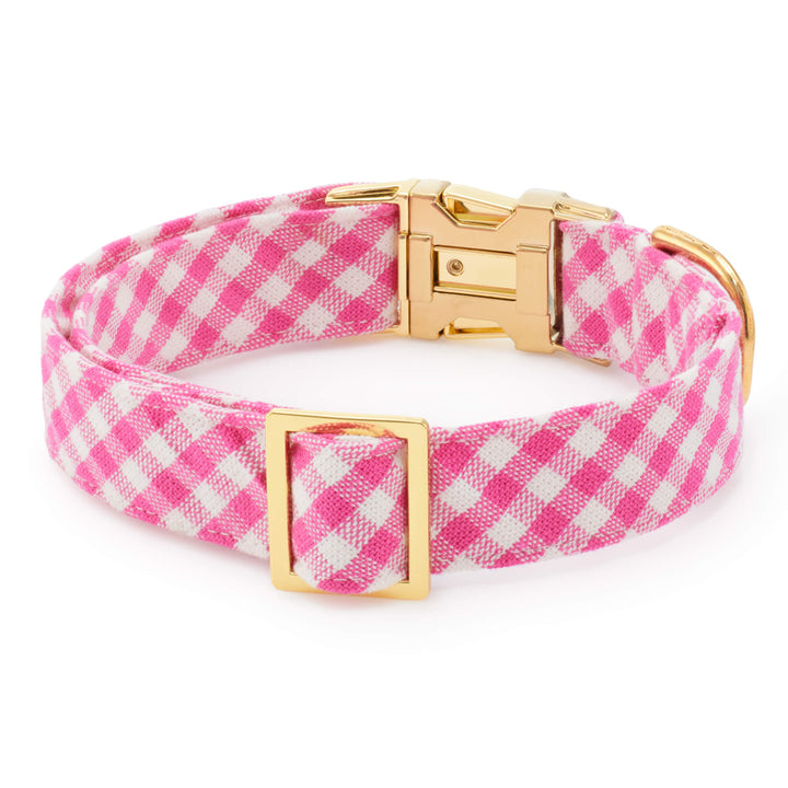 Hot pink gingham dog collar, back view