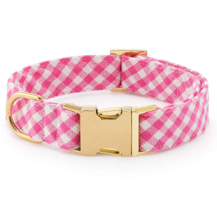 Hot pink gingham dog collar, front view with gold hardware