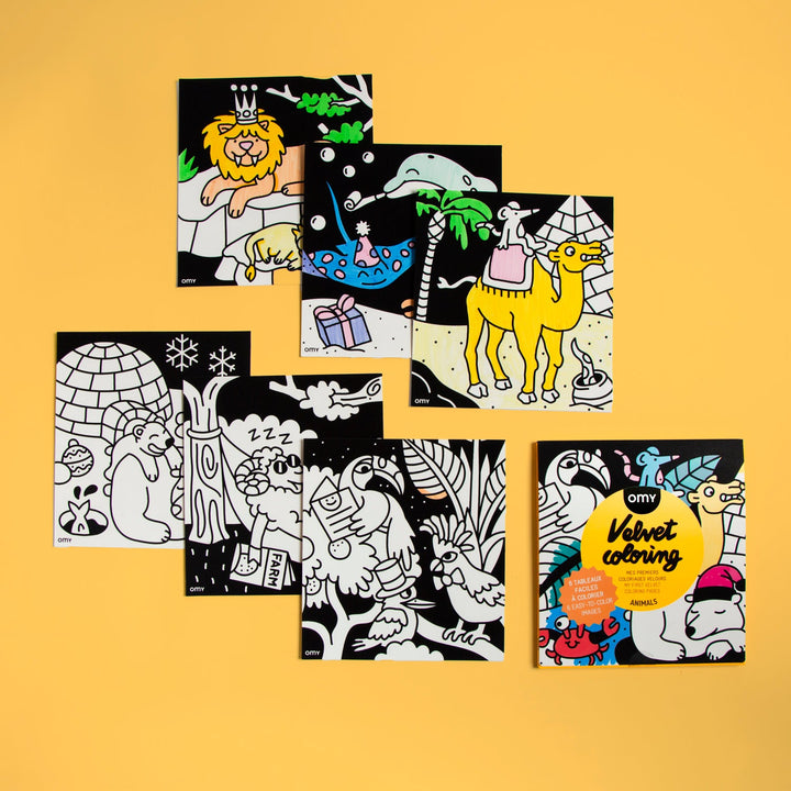 Finished velvet animal coloring panels, brightly colored, arranged on a yellow background