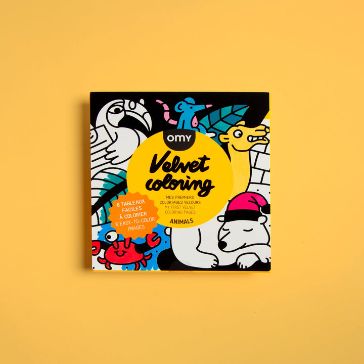 Animal velvet coloring set packaging showing colorful flocked animal panels on a black cover