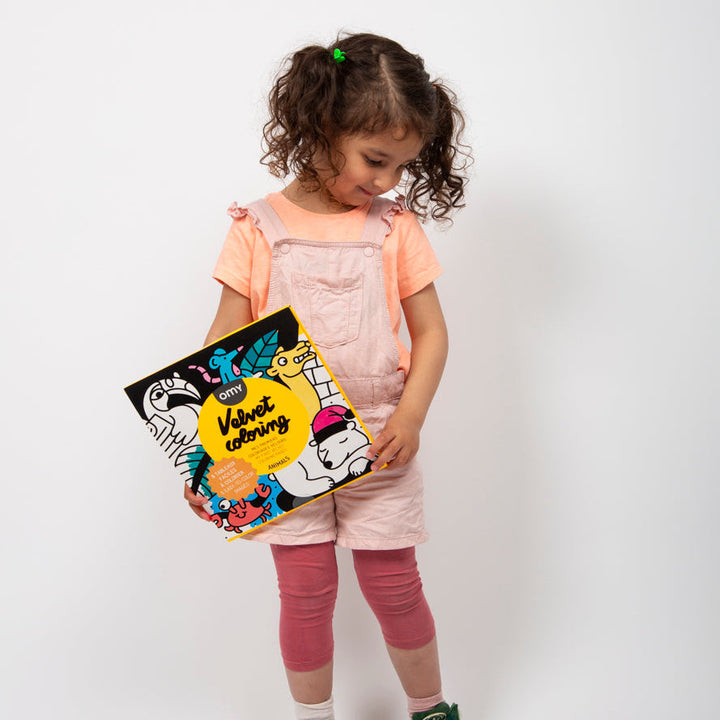 Brightly colored velvet animal coloring panels shown together