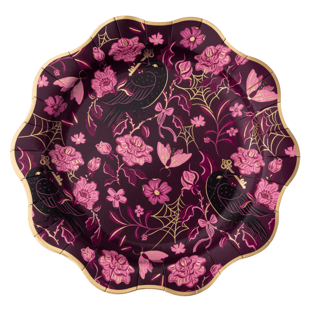 Plum Halloween dinner plate with pink and gold roses, gold spider webs, black ravens, and a scalloped gold rim