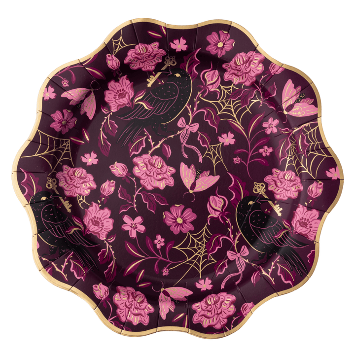 Plum Halloween dinner plate with pink and gold roses, gold spider webs, black ravens, and a scalloped gold rim