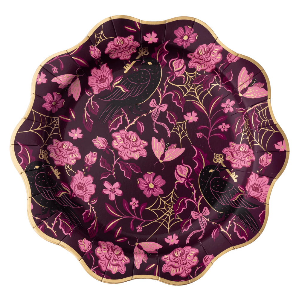 Vamp Romantic elegant dinner plates, set of 8, scalloped in plum for a Halloween dinner party
