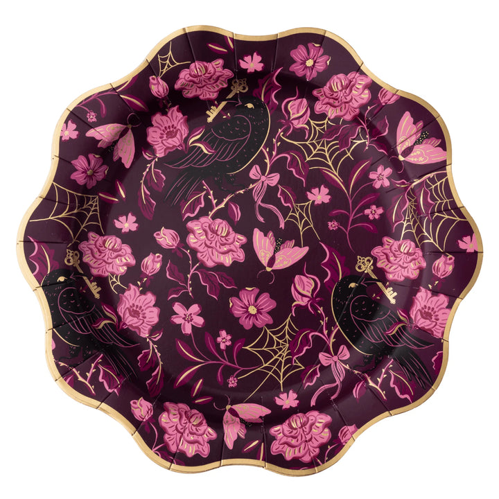 Vamp Romantic elegant dinner plates, set of 8, scalloped in plum for a Halloween dinner party