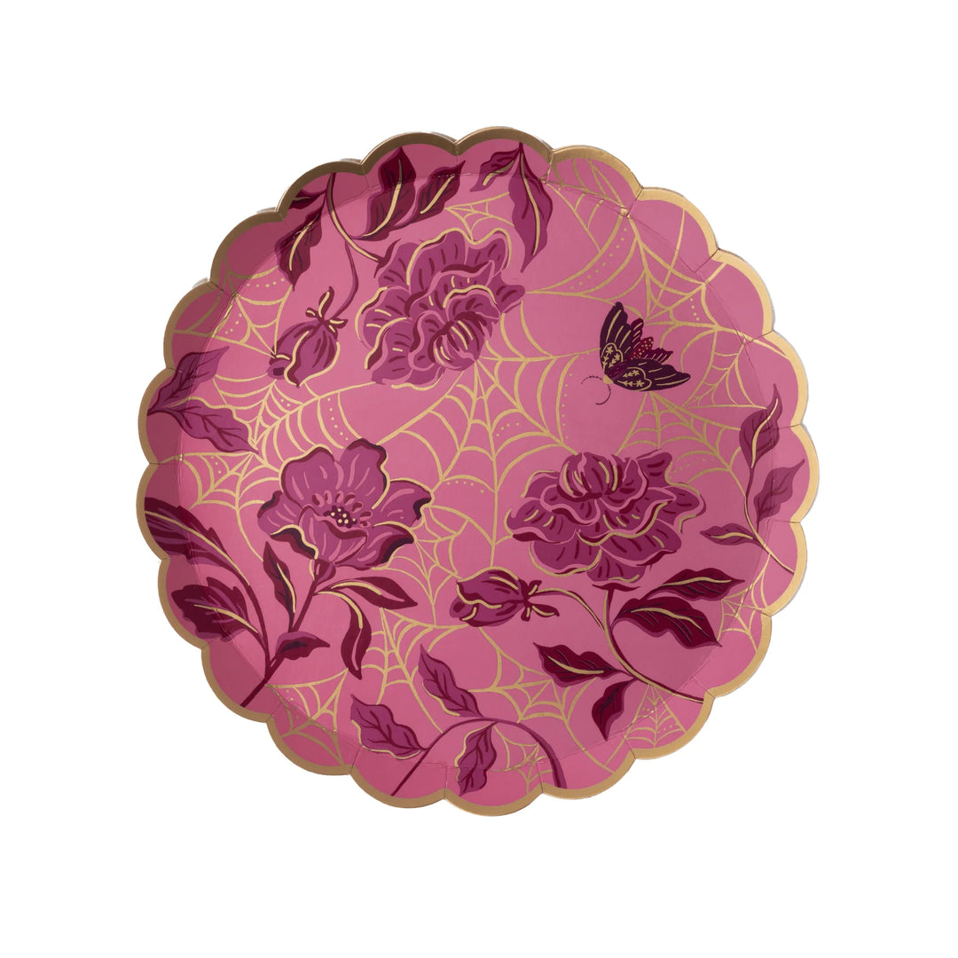 Vamp Romantic spider web cake plates, set of 8, 8.5 inch scalloped plates for a gothic dessert table