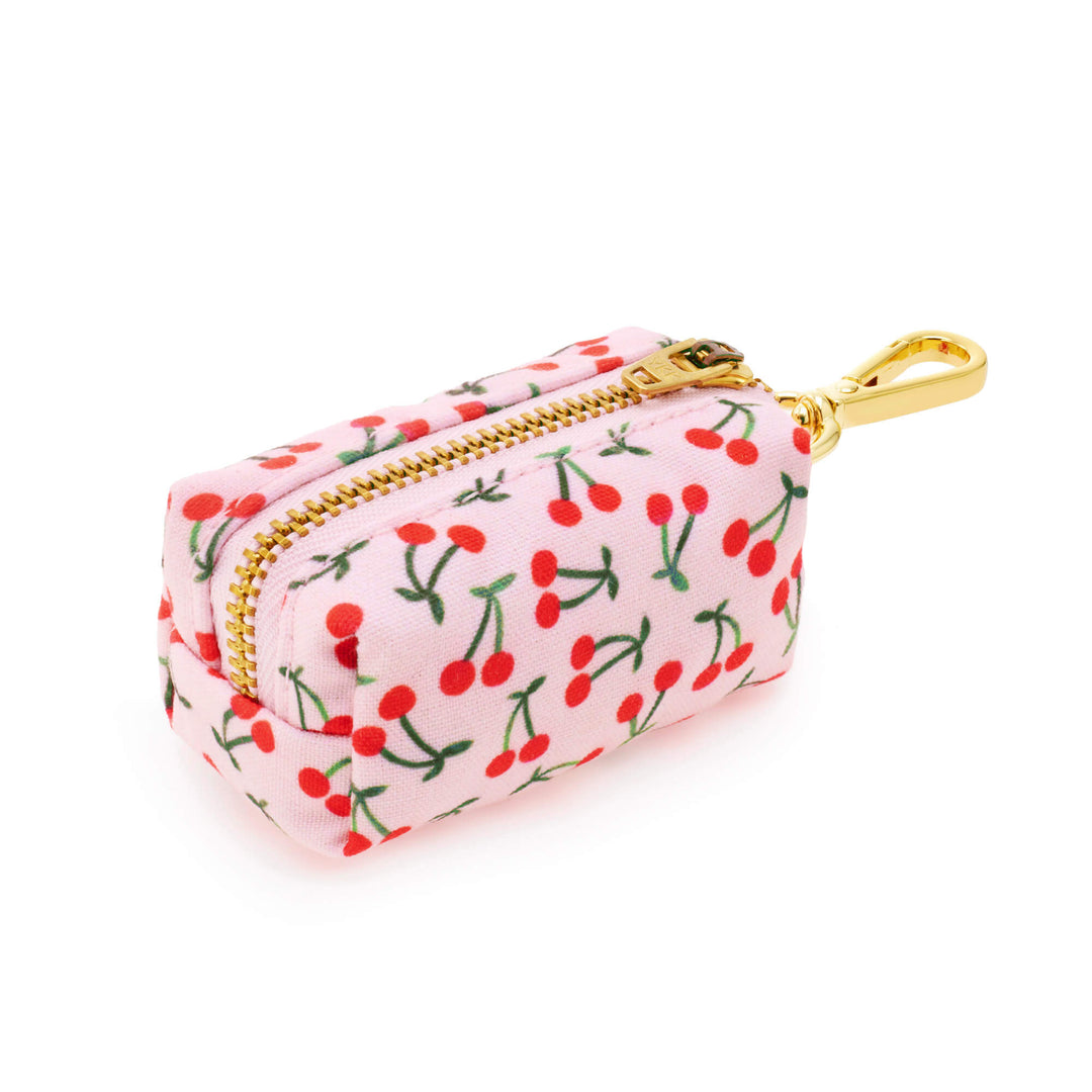 Cherry waste bag holder side view with leash clip