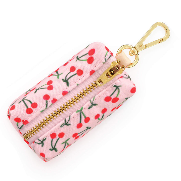 Cherry print dog waste bag holder, top view