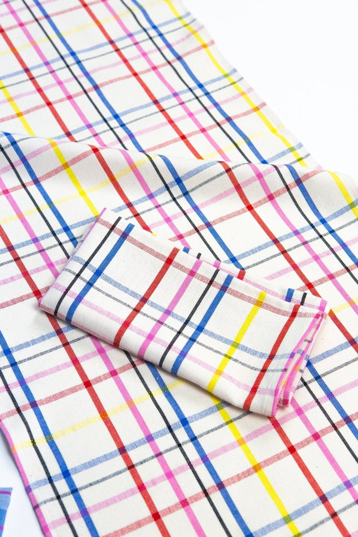Close-up of multicolor handwoven cotton plaid weave