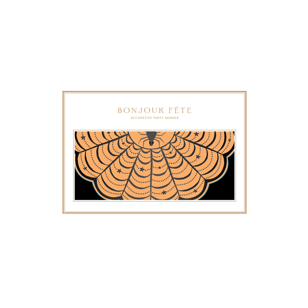 Orange and black vintage Halloween party banner with a spiderweb and star motif