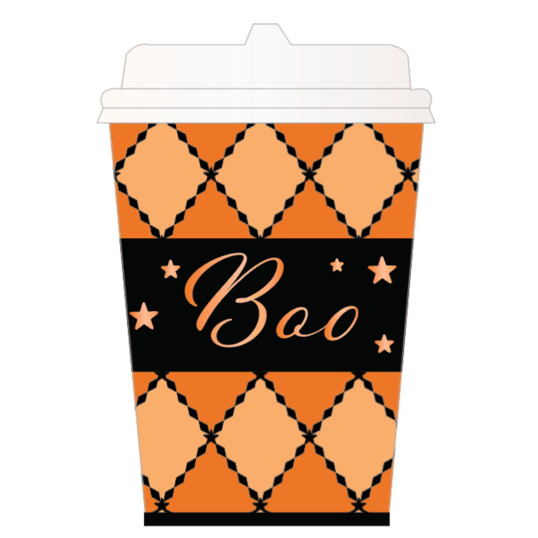 Orange Halloween hot cup with white lid, black harlequin lattice, and a black band reading Boo in orange script with stars